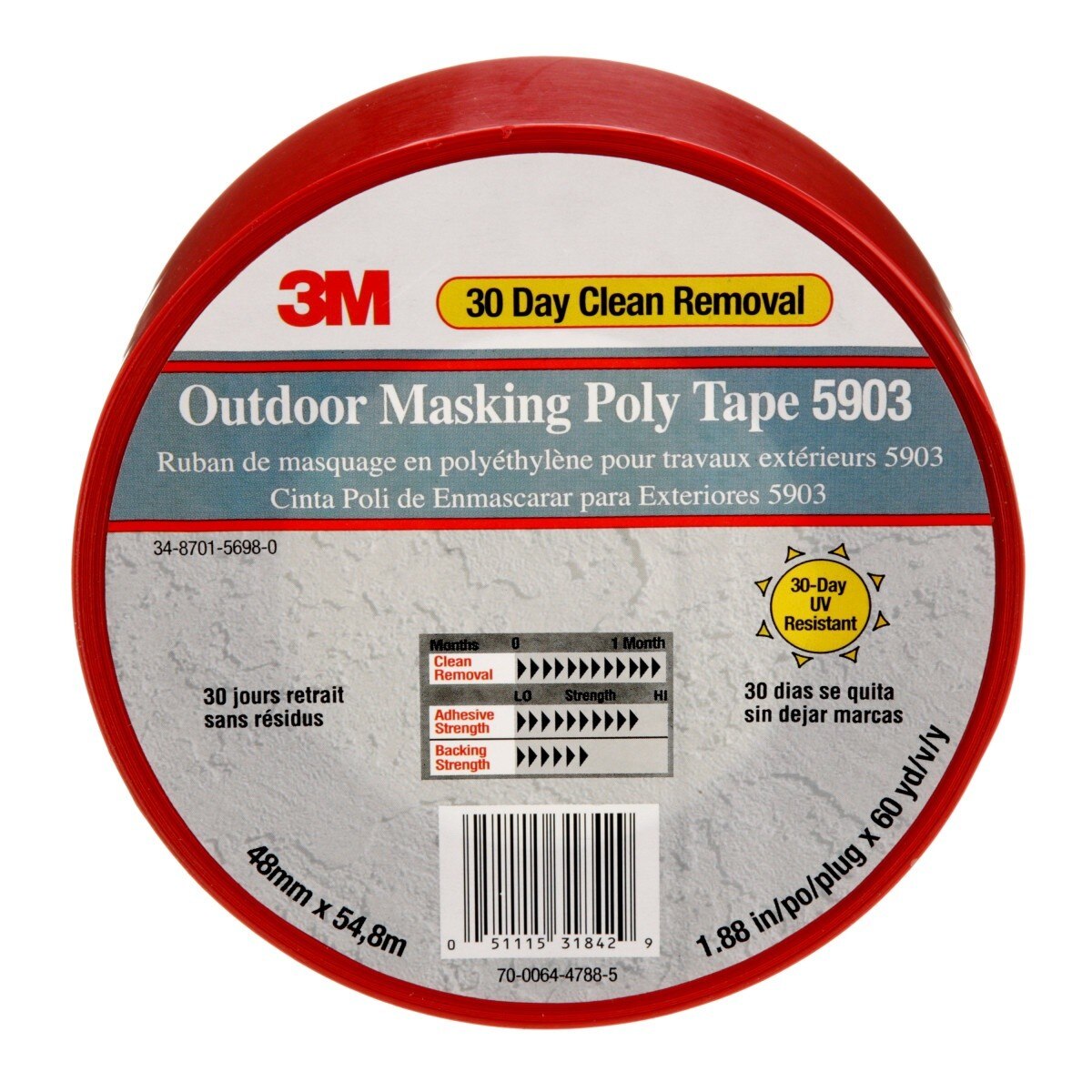 3M 5903 Outdoor Masking Poly Tape, Red, 1.88 in x 60 yd, 7.5 mil (7000049309) (24 Pack) - 7