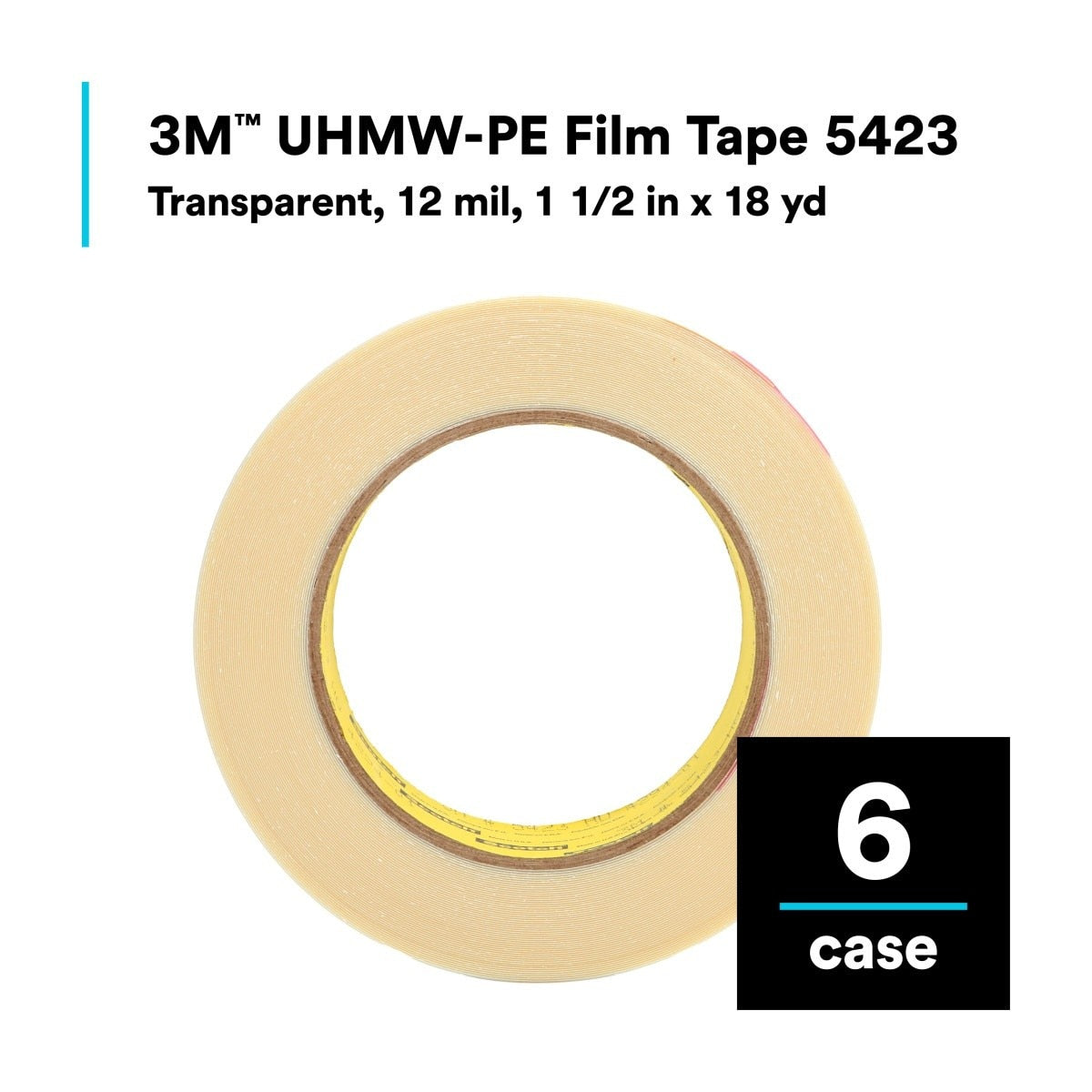 3M UHMW Film Tape, Transparent, 1 1/2 in x 18 yd, 12 mil (5423) (7000050077) (6 Pack) - 2