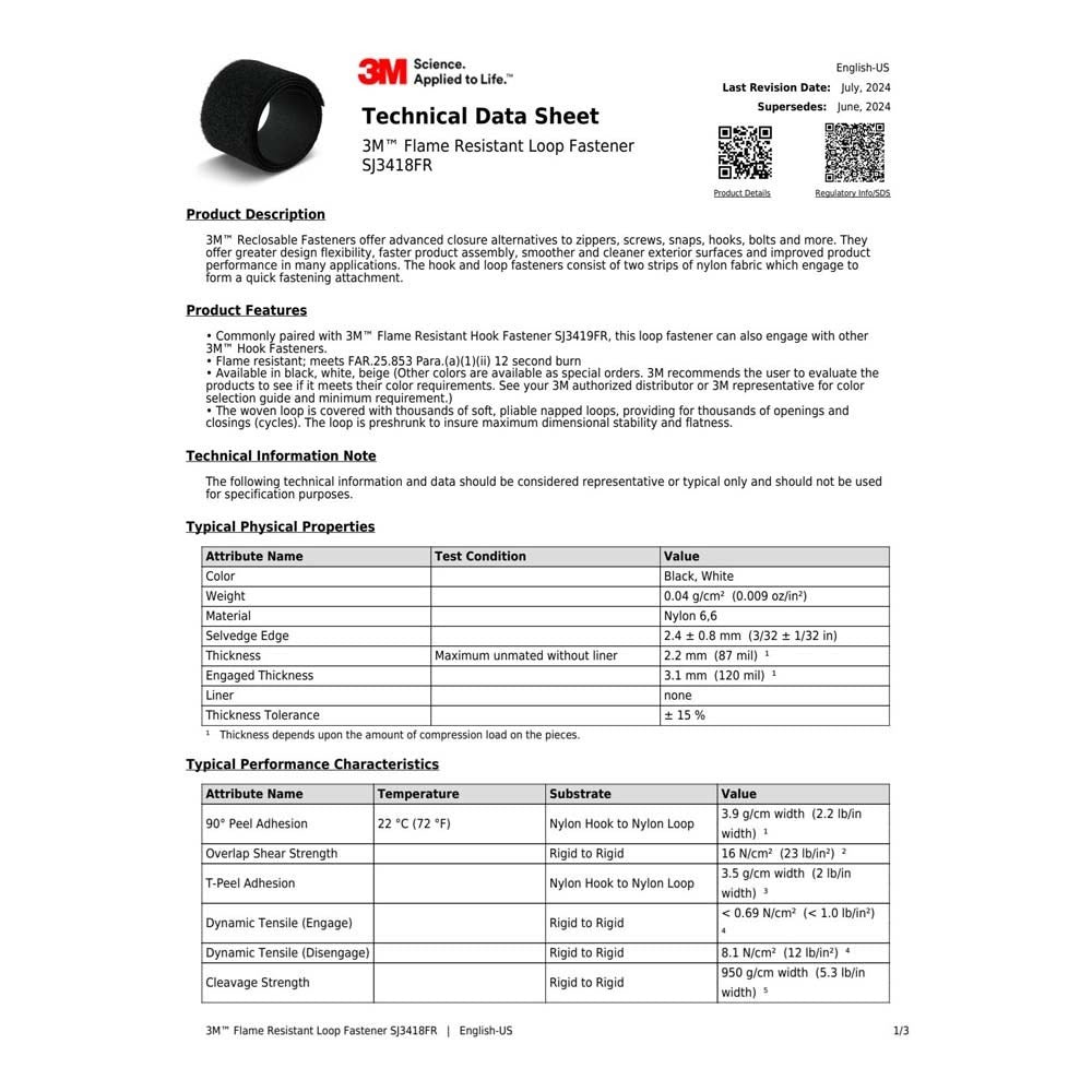 3M SJ3418FR Flame Resistant Loop Fastener , Black, 3/4 in x 50 yd (7000051839) - 6