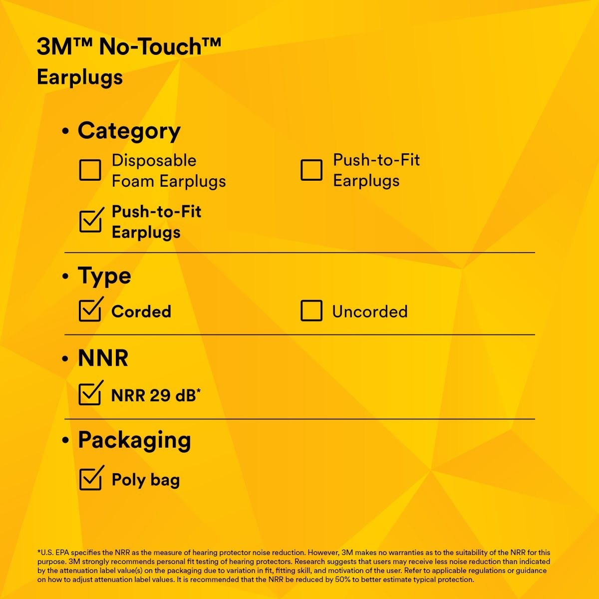 3M P2001 No-Touch Push-to-Fit Earplugs, Corded, NRR 29 dB, Purple, Yellow Vinyl Cord (7000052722) (1 Pair) (400Pack) - 10