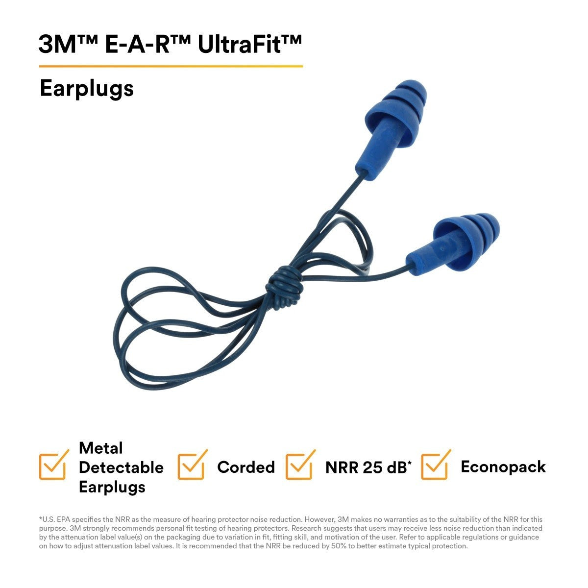 3M 340-4017 E-A-R UltraFit Earplugs, Metal Detectable, Corded, Econopack (7000052725) (200 Pack) - 3