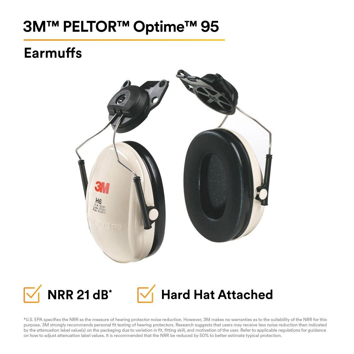 3M H6P3E/V PELTOR Optime 95 Cap-Mount Earmuffs with Universal Hard Hat Attachment, 21 dB NRR (7000052743) - 2