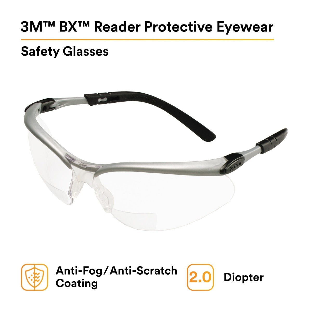 3M BX Reader Safety Glasses with +2.0 Diopter, ANSI Z87, Anti-Fog Anti-Scratch Clear Lens, Silver Frame, Adjustable Temples and Lens Angle (11375-00000-20) (7000052794) (1 Pair) (20 Pack) - 5