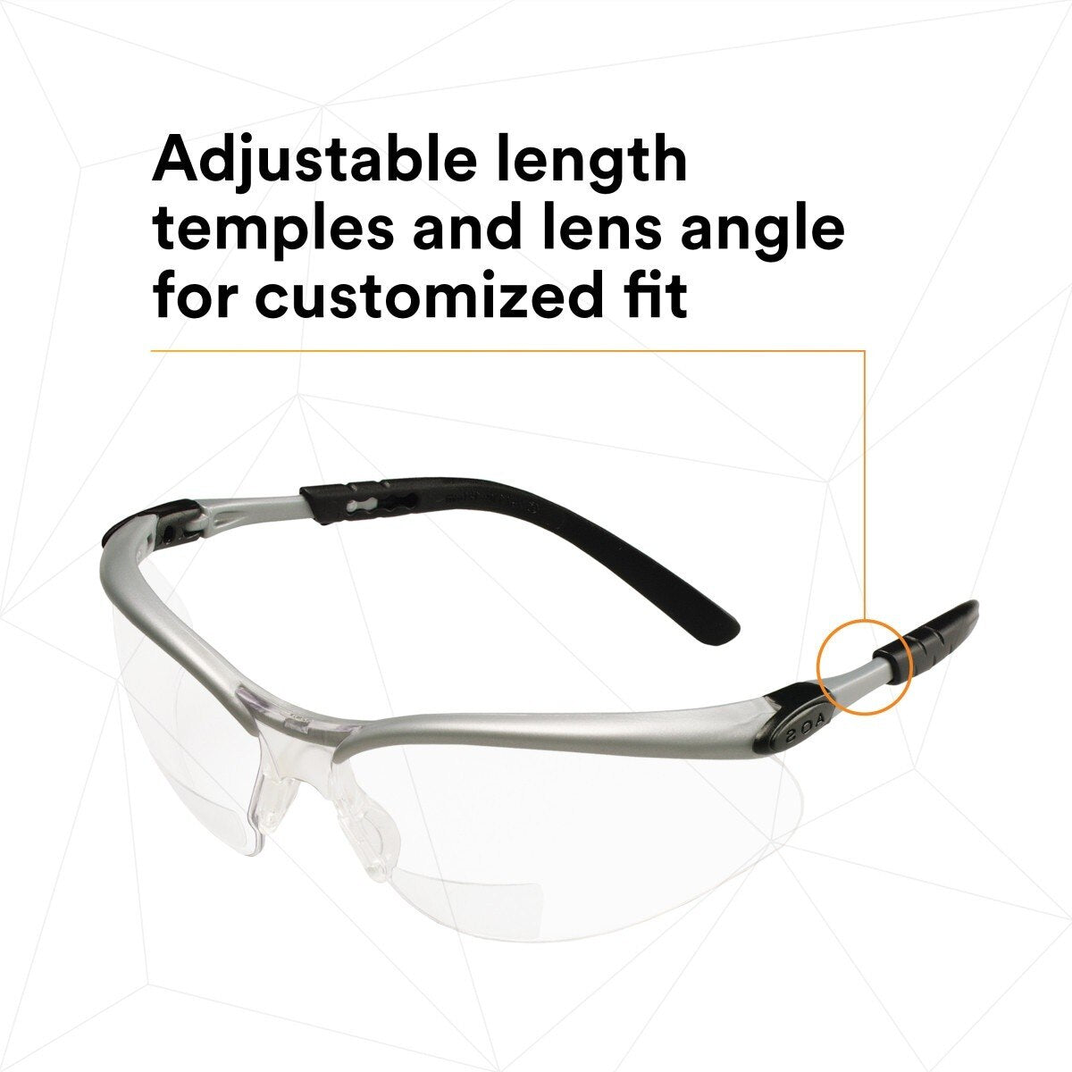 3M BX Reader Safety Glasses with +2.0 Diopter, ANSI Z87, Anti-Fog Anti-Scratch Clear Lens, Silver Frame, Adjustable Temples and Lens Angle (11375-00000-20) (7000052794) (1 Pair) (20 Pack) - 8