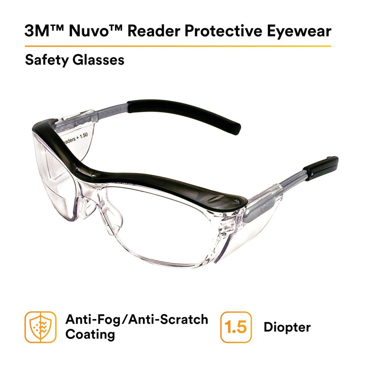 3M 11434-00000-20 Safety Glasses with Readers, Nuvo Protective Eyewear, +1.5 Diopter, Clear Lens, Retro Gray Frame, Soft Nose Bridge, Side Shields, ANSI Z87.1 (7000052797) (20 Pack) - 5