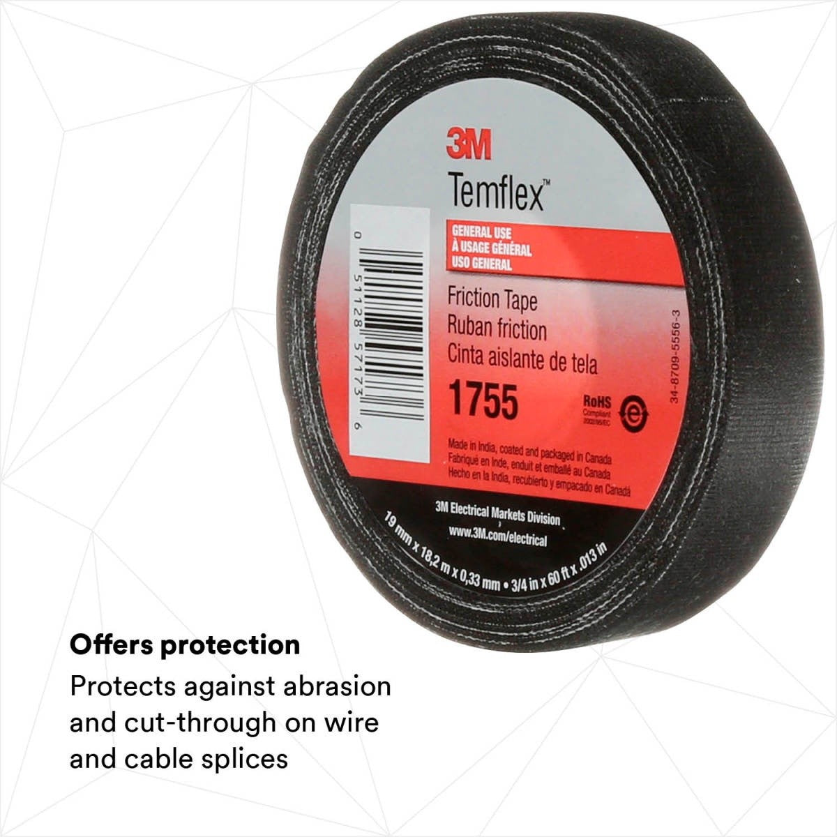 3M 1755 Temflex Cotton Friction Tape, Black, 3/4 in x 60 ft (1755-3/4X60FT) (7000058870) (20 Pack) - 2