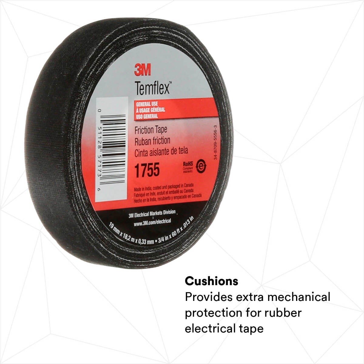3M 1755 1755-3/4X60FT Temflex Cotton Friction Tape, Black, 3/4 in x 60 ft (7000058870) - 3