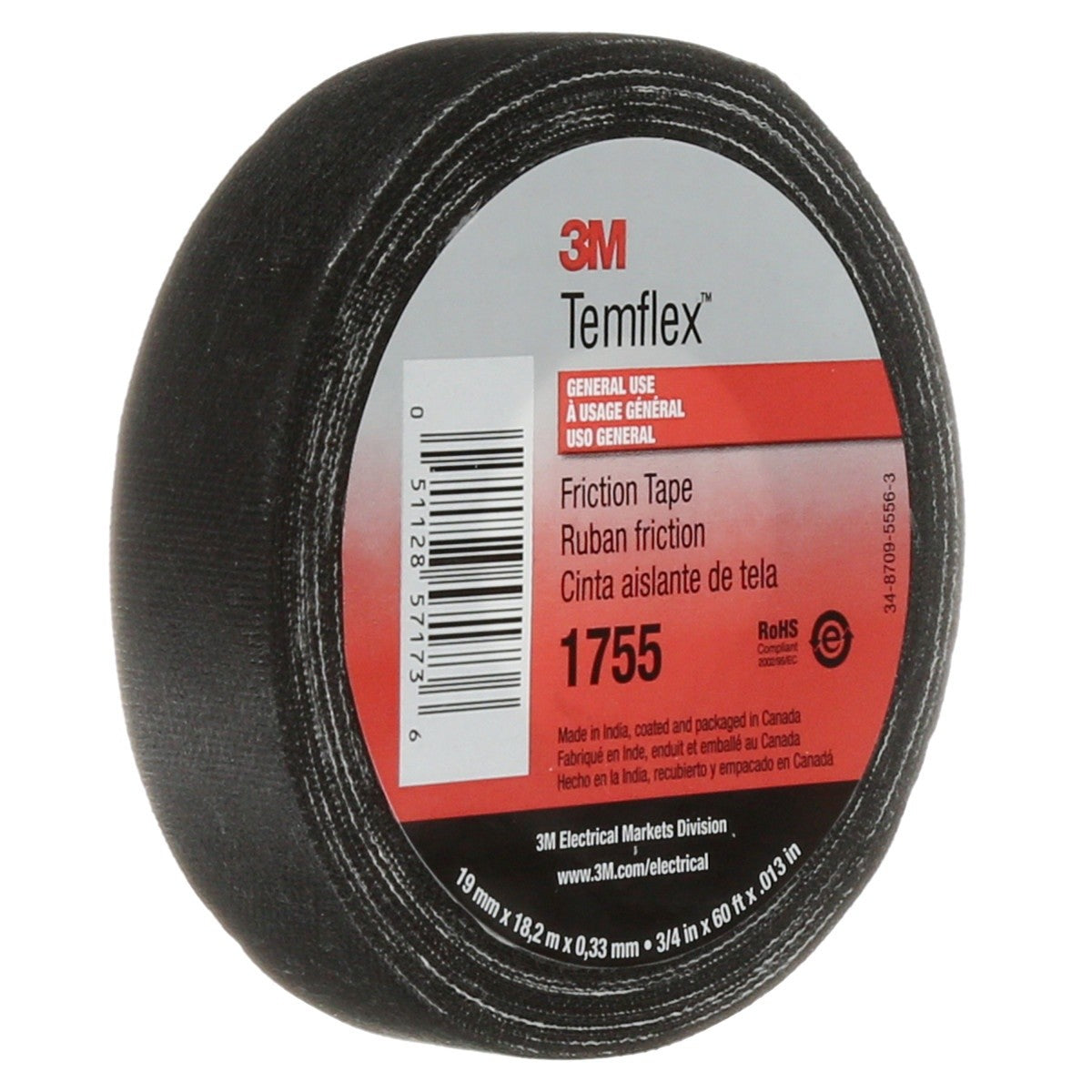 3M 1755 Temflex Cotton Friction Tape, Black, 3/4 in x 60 ft (1755-3/4X60FT) (7000058870) (20 Pack) - 5