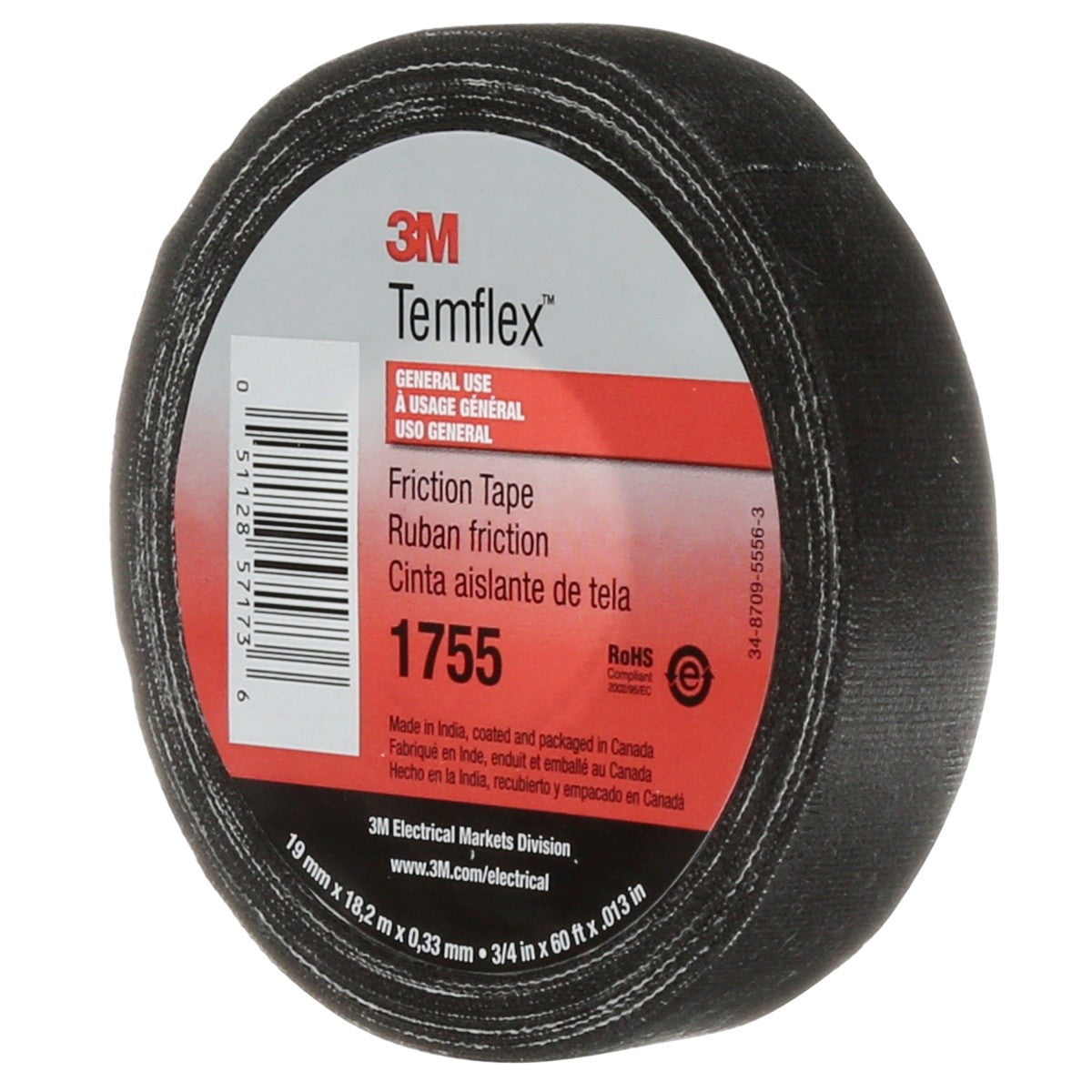 3M 1755 Temflex Cotton Friction Tape, Black, 3/4 in x 60 ft (1755-3/4X60FT) (7000058870) (20 Pack) - 6
