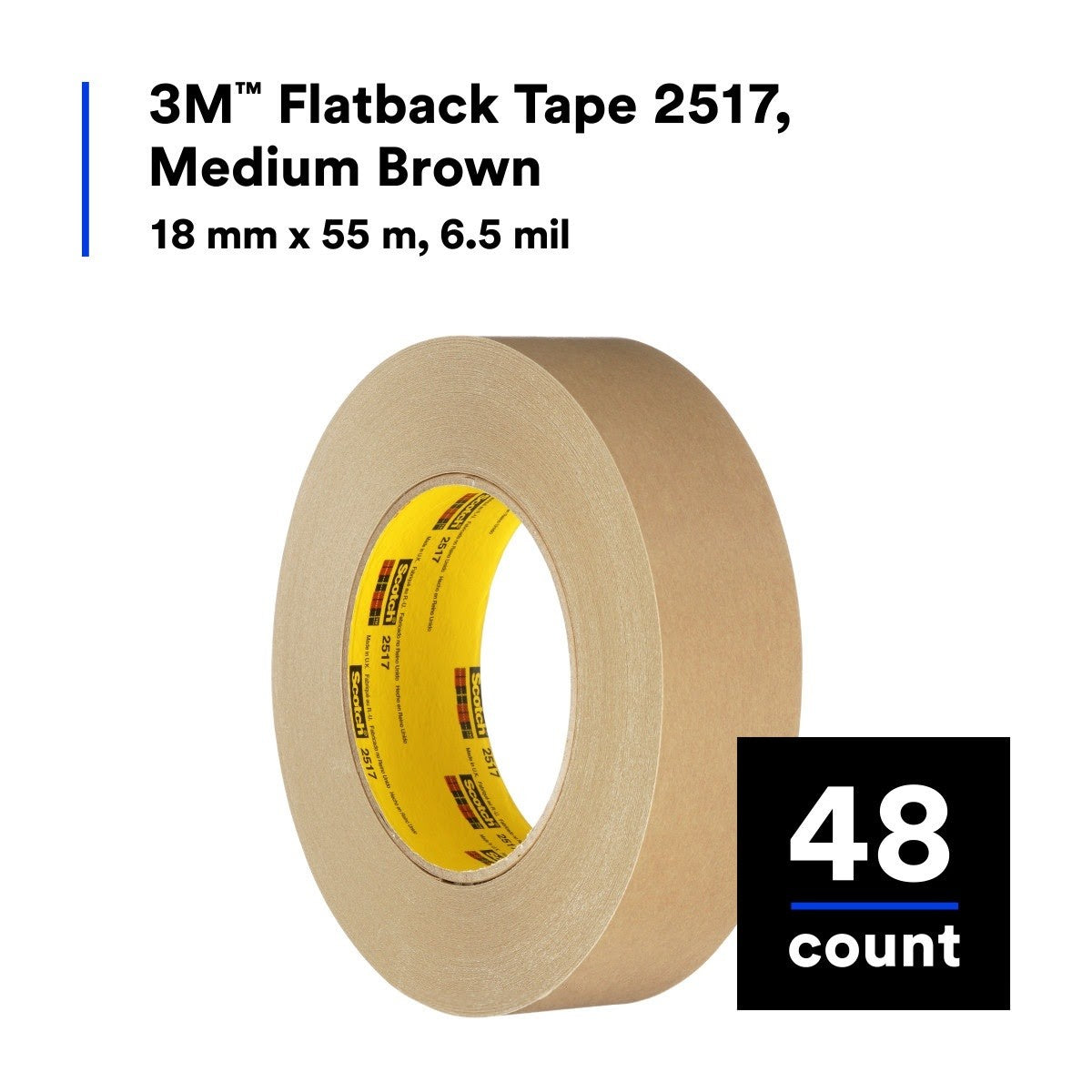 3M 2517 Flatback Tape, Medium Brown, 18 mm x 55 m, 6.5 mil (7000088499) (48 Pack) - 2