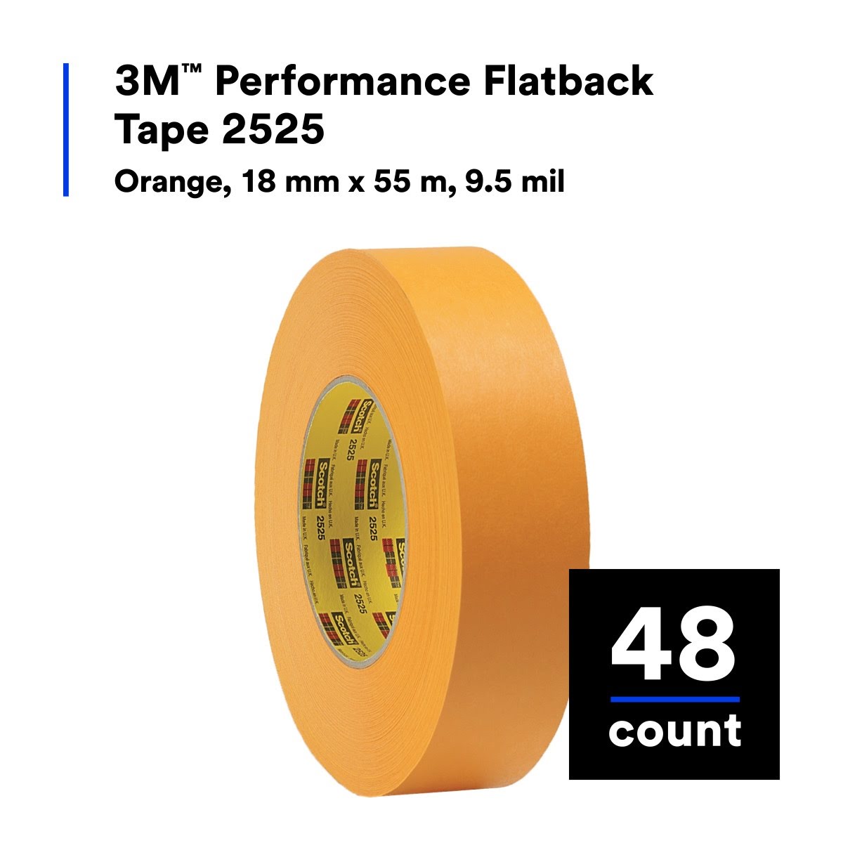 3M 2525 Scotch Performance Flatback Tape, Orange, High Visibility, High Tack, High Temperature, Hand Tearable, 18 mm x 55 m, 9.5 mil (7000088506) (48 Pack) - 9