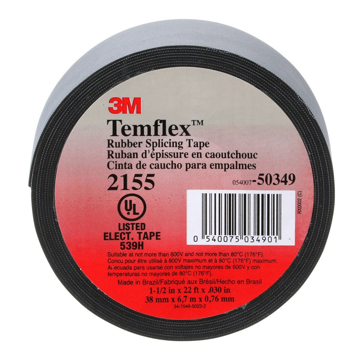 3M 2155-1.5X22FT Temflex Rubber Splicing Tape, Black, 1-1/2 in x 22 ft, 30 mil, Self Fusing, 600 V, 176 Degree F (7000090115)