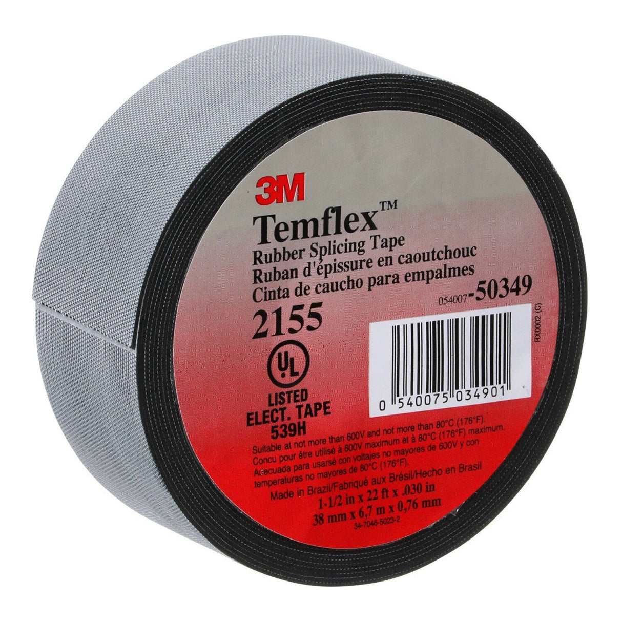 3M 2155-1.5X22FT Temflex Rubber Splicing Tape, Black, 1-1/2 in x 22 ft, 30 mil, Self Fusing, 600 V, 176 Degree F (7000090115) - 2