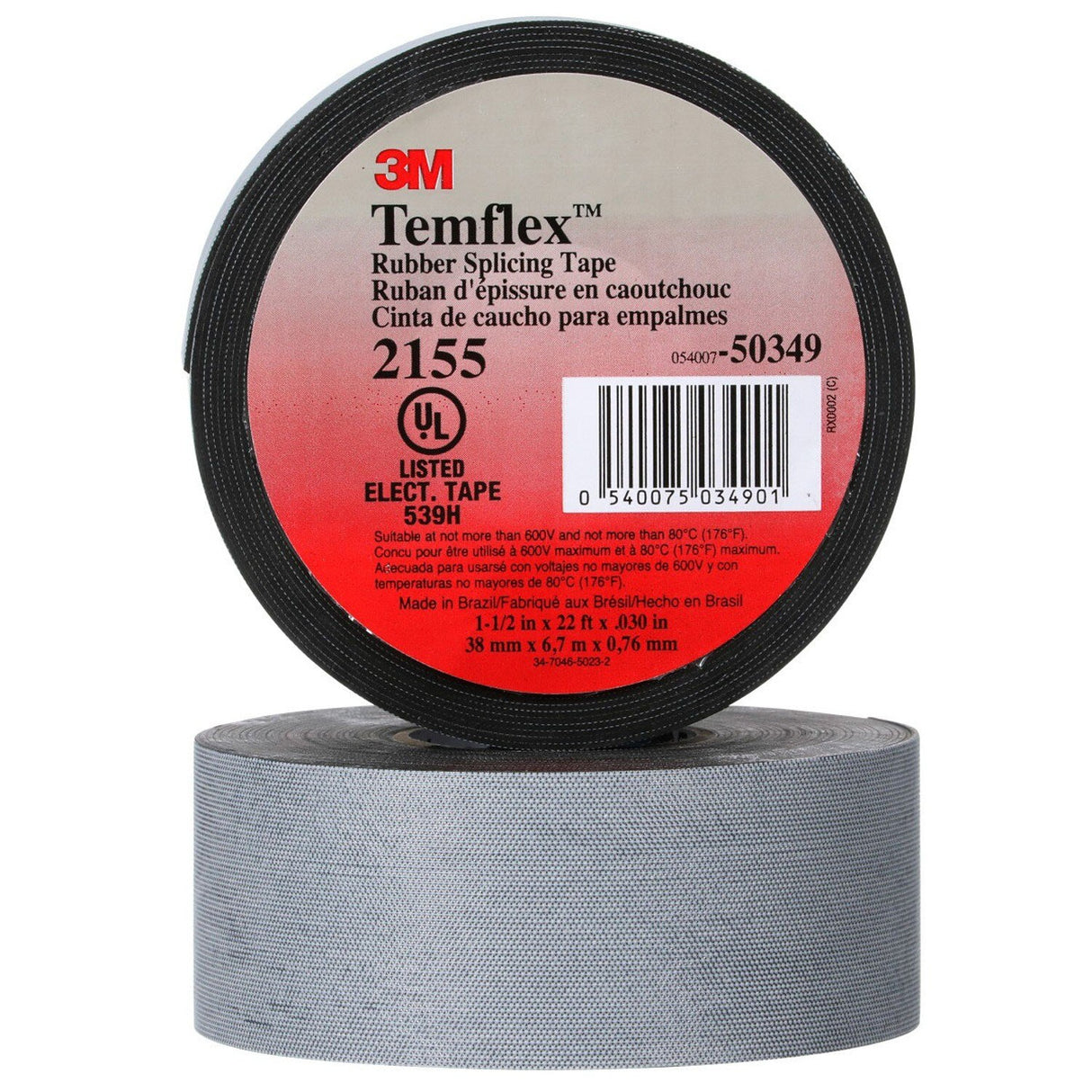 3M 2155-1.5X22FT Temflex Rubber Splicing Tape, Black, 1-1/2 in x 22 ft, 30 mil, Self Fusing, 600 V, 176 Degree F (7000090115) - 4
