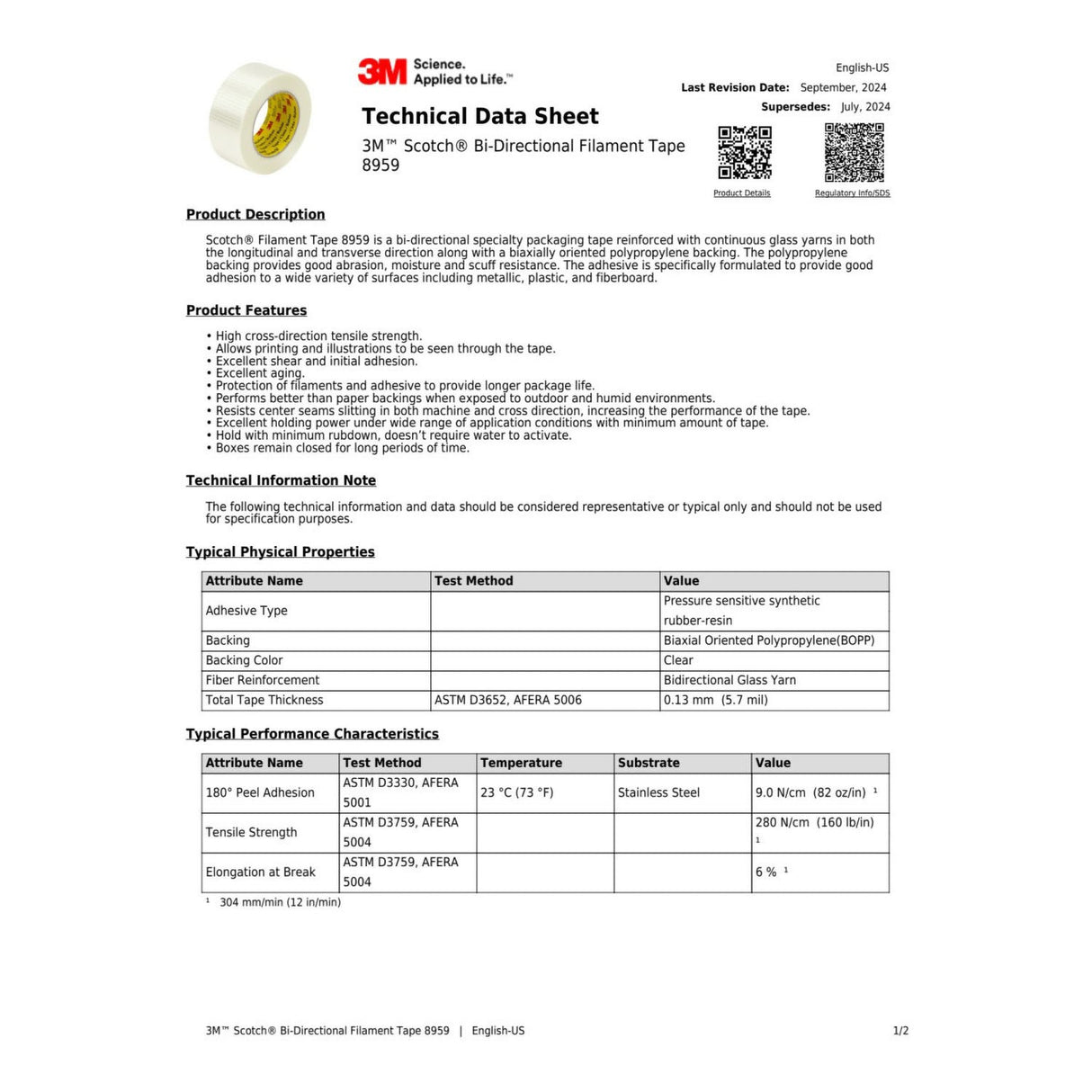 3M 8959 Scotch Bi-Directional Filament Tape, Clear, 50 mm x 50 m, 5.7 mil (7000096086) (18 Pack) - 5