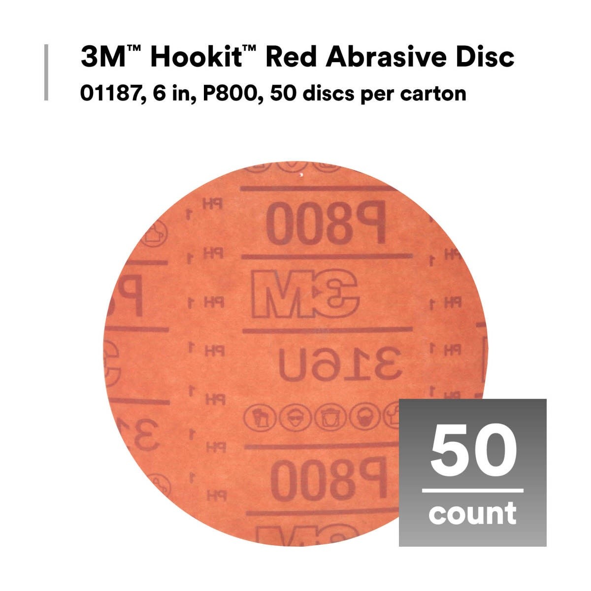 3M 316U 01187 Hookit Red Abrasive Disc, No Hole, Aluminum Oxide P800, 6 in (7000119779) (300 Pack) - 2