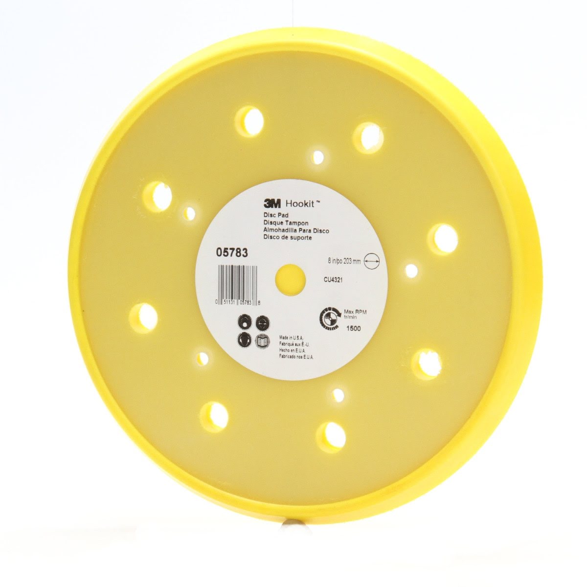 3M 05783 Hookit Pad D/F Back-up Pad, Hook and Loop, 8 in, 5 Bolt Hole, Yellow (7000119884) - 2