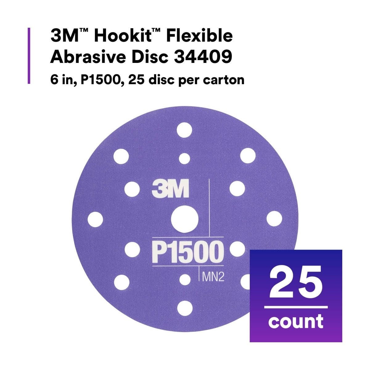 3M 270J 34409 Hookit Flexible Abrasive Disc, Dust Free, P1500, Purple, 6 in (7000120198) (125 Pack) - 2