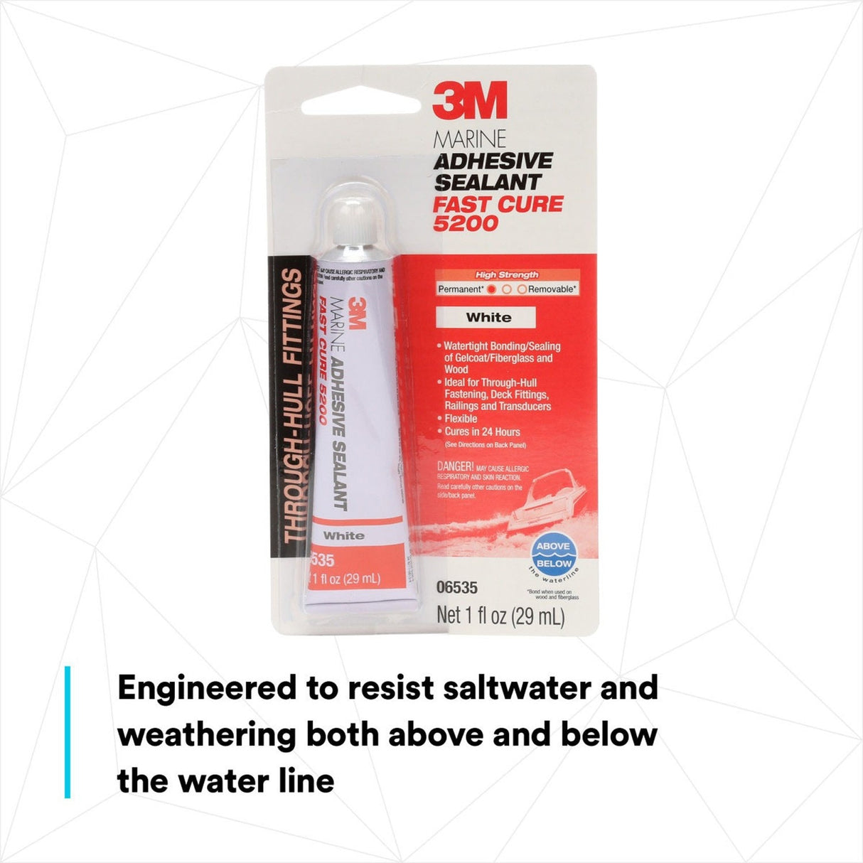 3M 5200FC 5220 Marine Adhesive Sealant Fast Cure, White, 3 fl oz Tube, Above/Below Waterline (7000120490) - 7