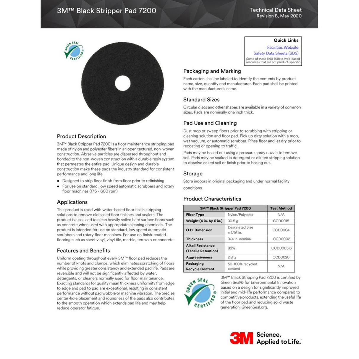 3M 7200 Black Stripper Floor Pad, 14 in, Center Hole, Non-woven Nylon/Polyester, Low Speed 175-600 RPM (7000120627) (5 Pack) - 2