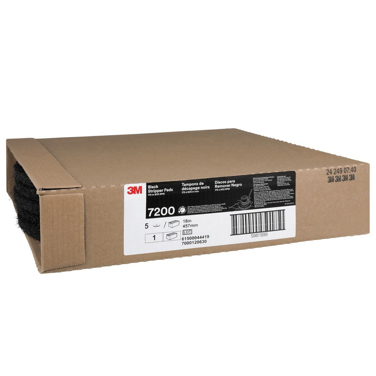 3M 7200 Black Stripper Pad 18 in x 3/4 in Center Hole 175-600 RPM for Floor Finish Stripping (7000120630) (5 Pack) - 3