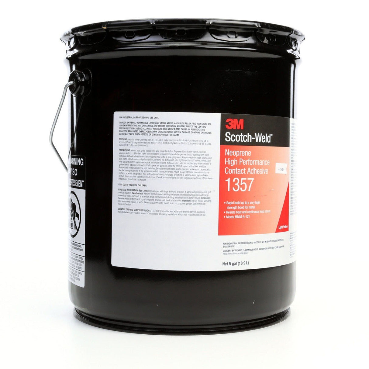 3M 1357 Neoprene High Performance Contact Adhesive , Light Yellow, 5 Gallon Pail Pour Spout (7000121206) - 3