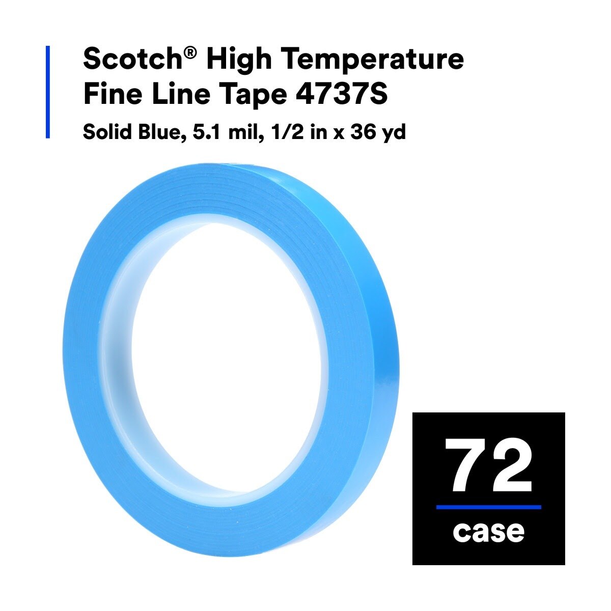 3M 4737S Scotch High Temperature Fine Line Tape, Blue, 1/2 in x 36 yd, 5.4 mil (7000123582) (72 Pack) - 4