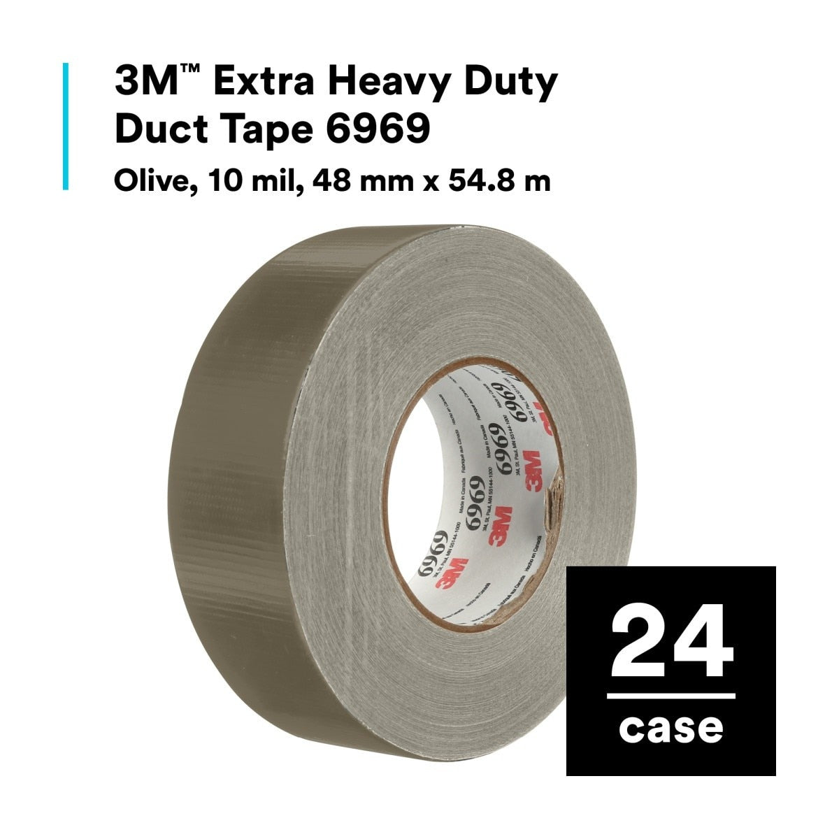 3M 6969 Extra Heavy Duty Duct Tape, Olive, Industrial Strength, Water Resistant, 10 mil, 48 mm x 54.8 m (7000123814) (24 Pack) - 2