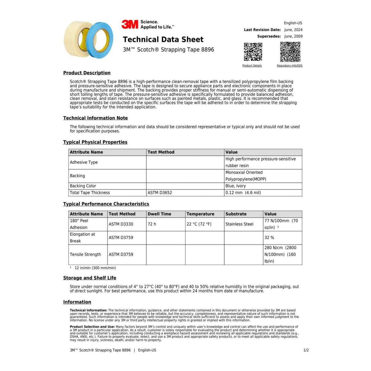3M 8896 Scotch Strapping Tape, Blue, 24 mm x 55 m (7000123856) (36 Pack) - 2