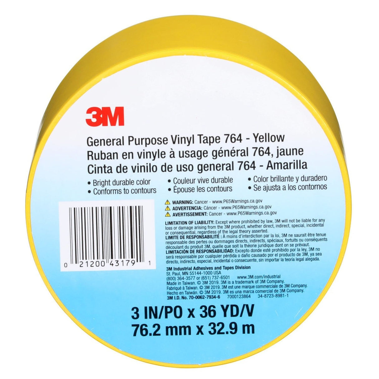 3M 764 General Purpose Vinyl Tape, Yellow, 3 in x 36 yd, 5 mil (43179) (7000123864) (12 Pack) - 9