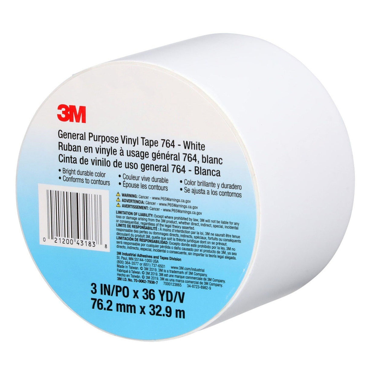 3M 764 43183 General Purpose Vinyl Tape, White, 5 mil, 3 in x 36 yd, Floor Marking, Color Coding (7000123865) (12 Pack) - 6