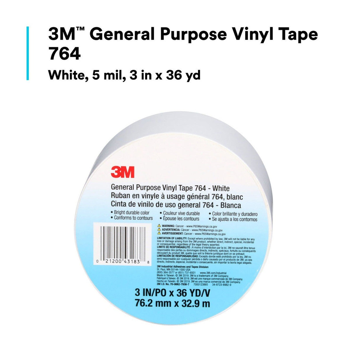 3M 764 43183 General Purpose Vinyl Tape, White, 5 mil, 3 in x 36 yd, Floor Marking, Color Coding (7000123865) (12 Pack) - 9