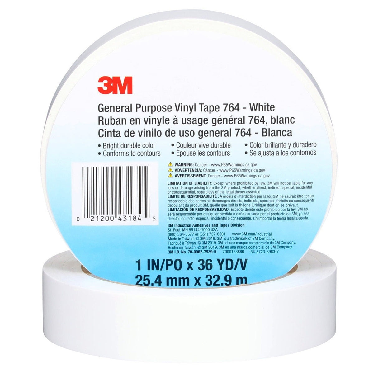 3M 764 General Purpose Vinyl Tape, White, 1 in x 36 yd, 5 mil, Floor Marking, Color Coding, Bundling (43184) (7000123866) (36 Pack) - 7