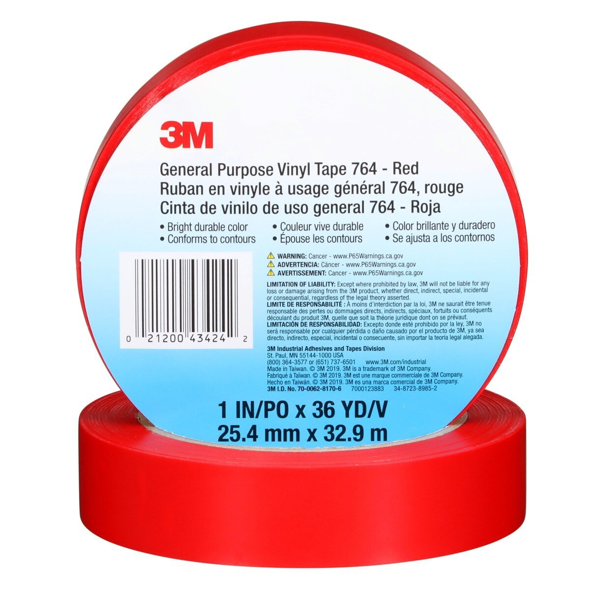 3M 764 General Purpose Vinyl Tape, Red, 5 mil, 1 in x 36 yd (43424) (7000123883) (36 Pack) - 7
