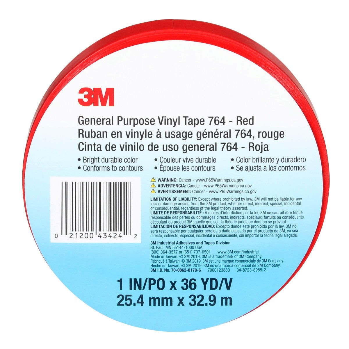 3M 764 General Purpose Vinyl Tape, Red, 5 mil, 1 in x 36 yd (43424) (7000123883) (36 Pack) - 9