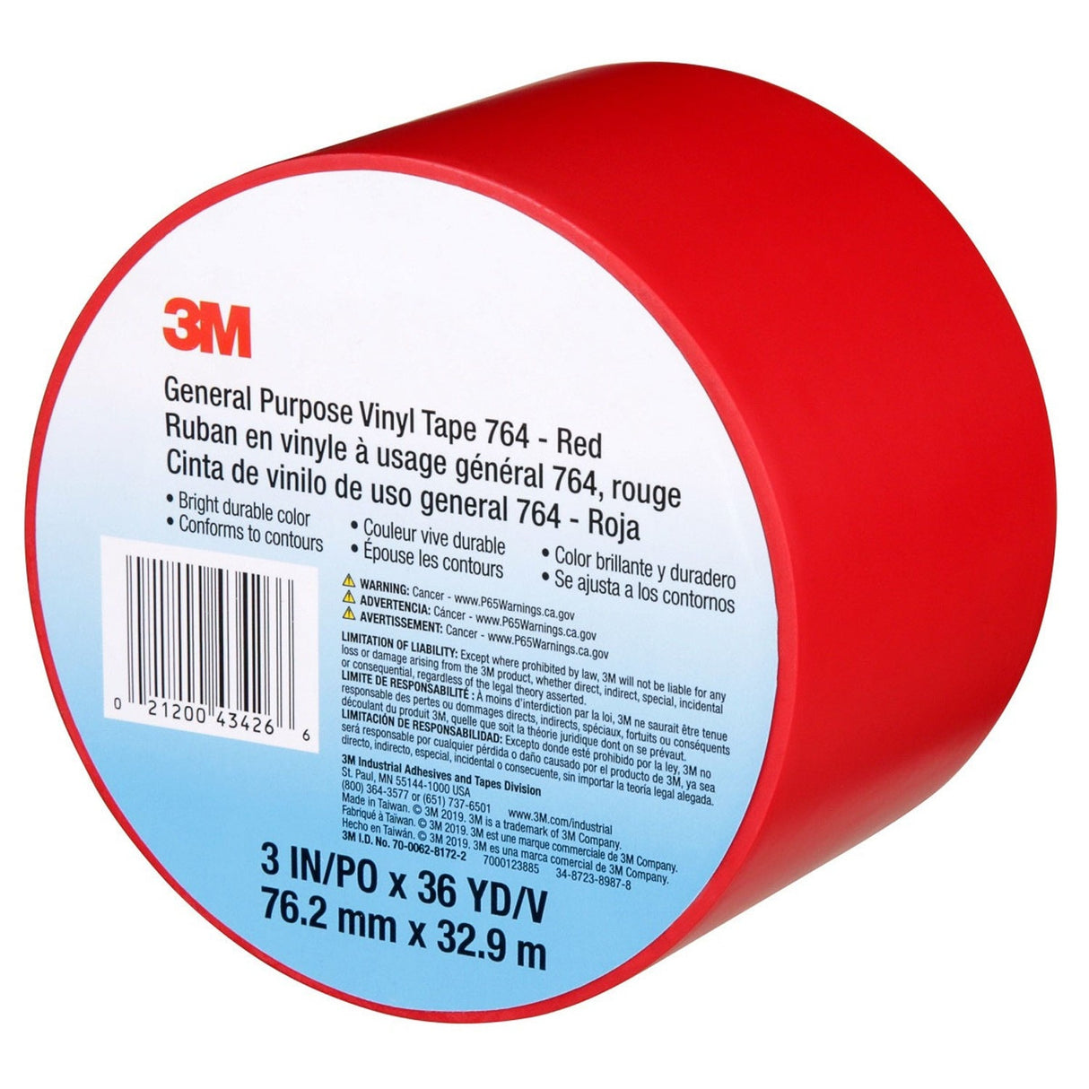 3M 764 General Purpose Vinyl Tape, Red, 3 in x 36 yd (7000123885) (12 Pack) - 9
