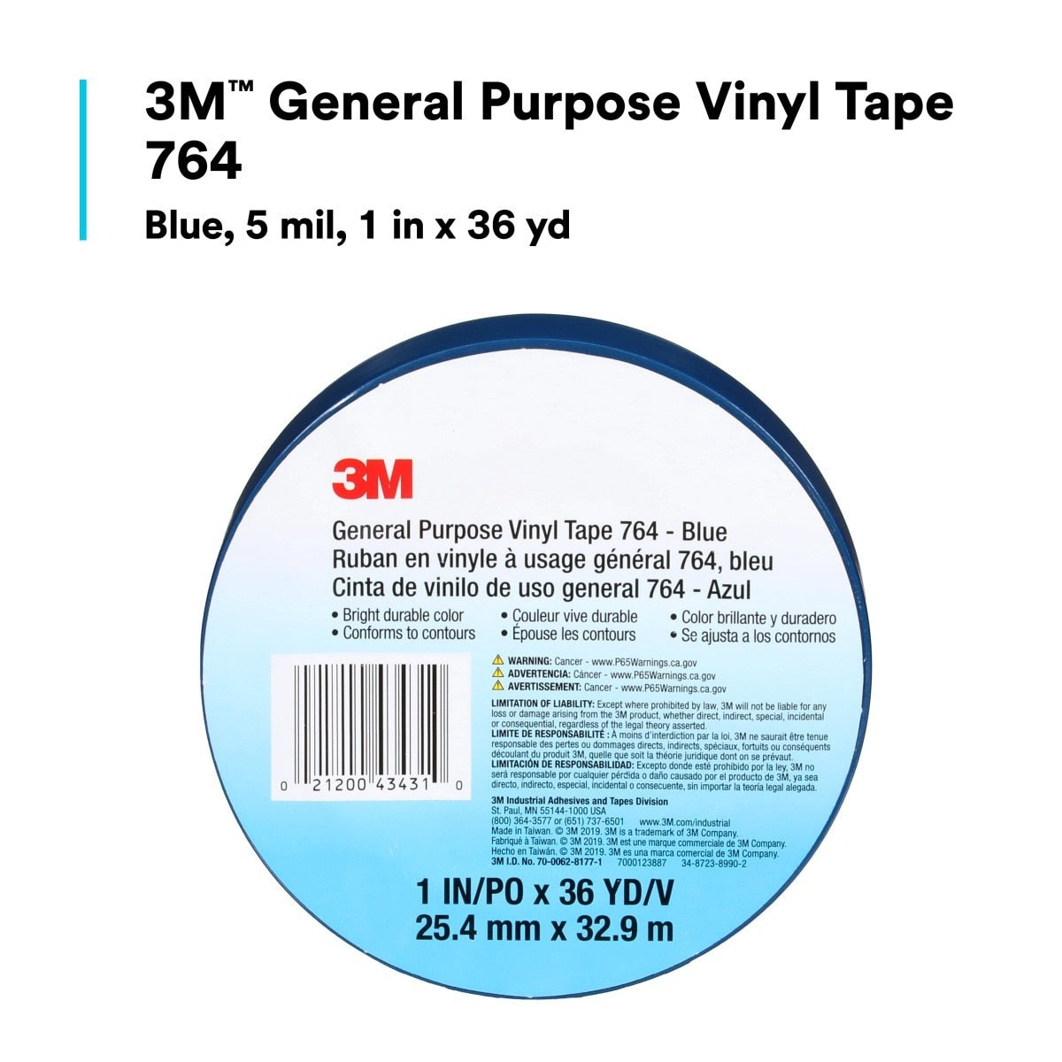 3M 764 General Purpose Vinyl Tape, Blue, 1 in x 36 yd, 5 mil (43431) (7000123887) (36 Pack) - 9