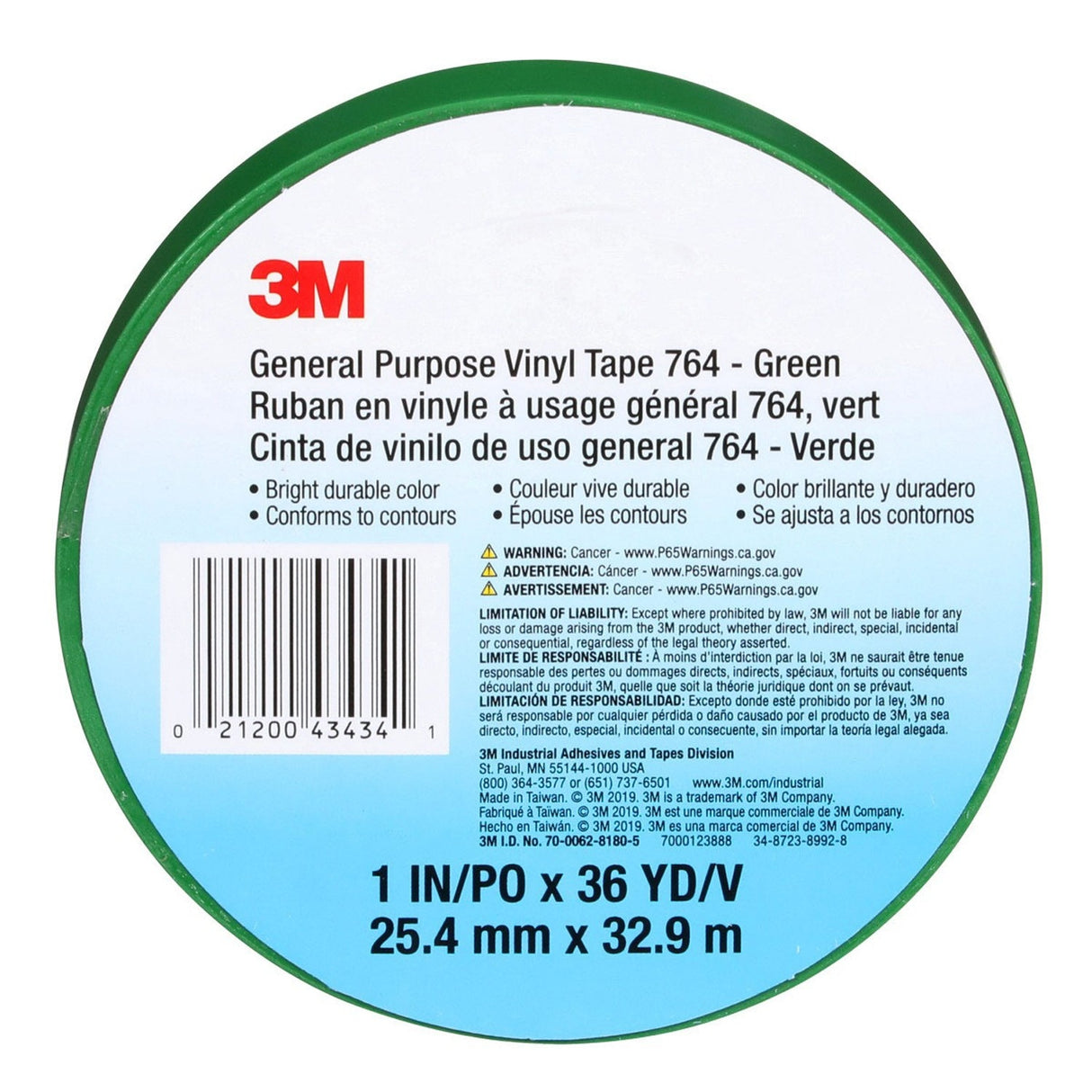 3M 764 General Purpose Vinyl Tape, Green, 1 in x 36 yd, 5 mil (43434) (7000123888) (36 Pack) - 8