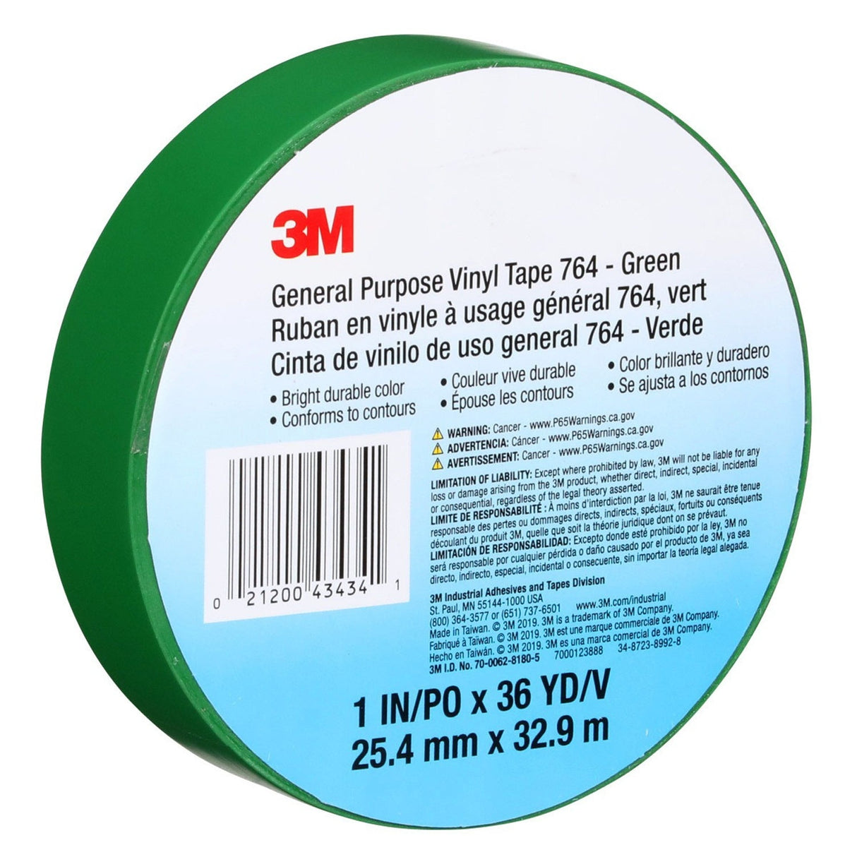 3M 764 General Purpose Vinyl Tape, Green, 1 in x 36 yd, 5 mil (43434) (7000123888) (36 Pack) - 10