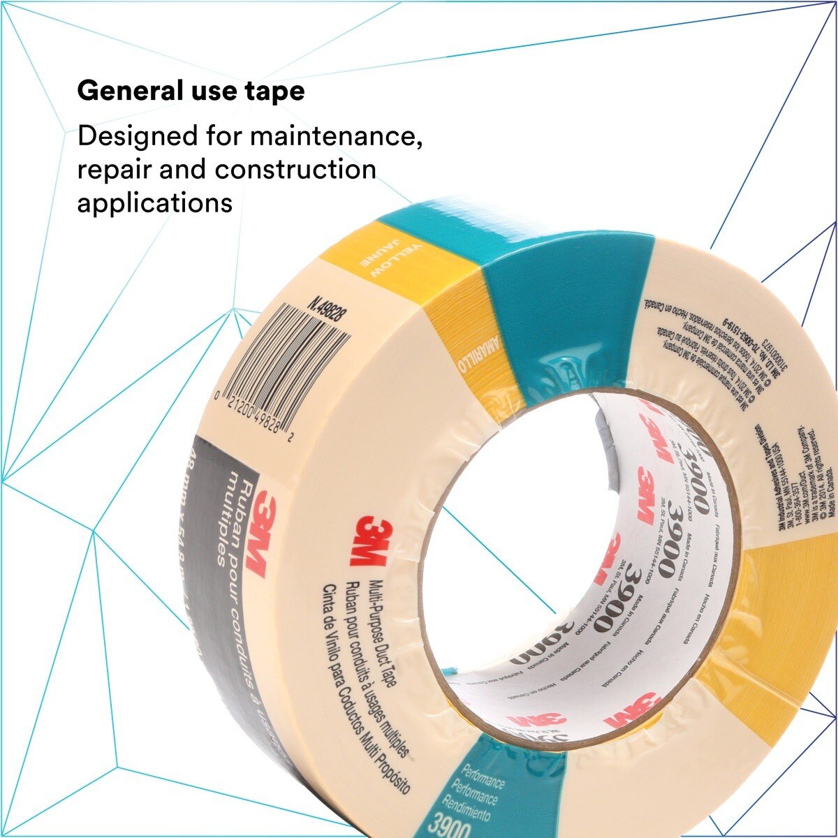 3M 3900 Multi-Purpose Duct Tape, Rubber Adhesive, Water Resistant, Yellow, 48 mm x 54.8 m, 7.6 mil (7000124007) (24 Pack) - 2