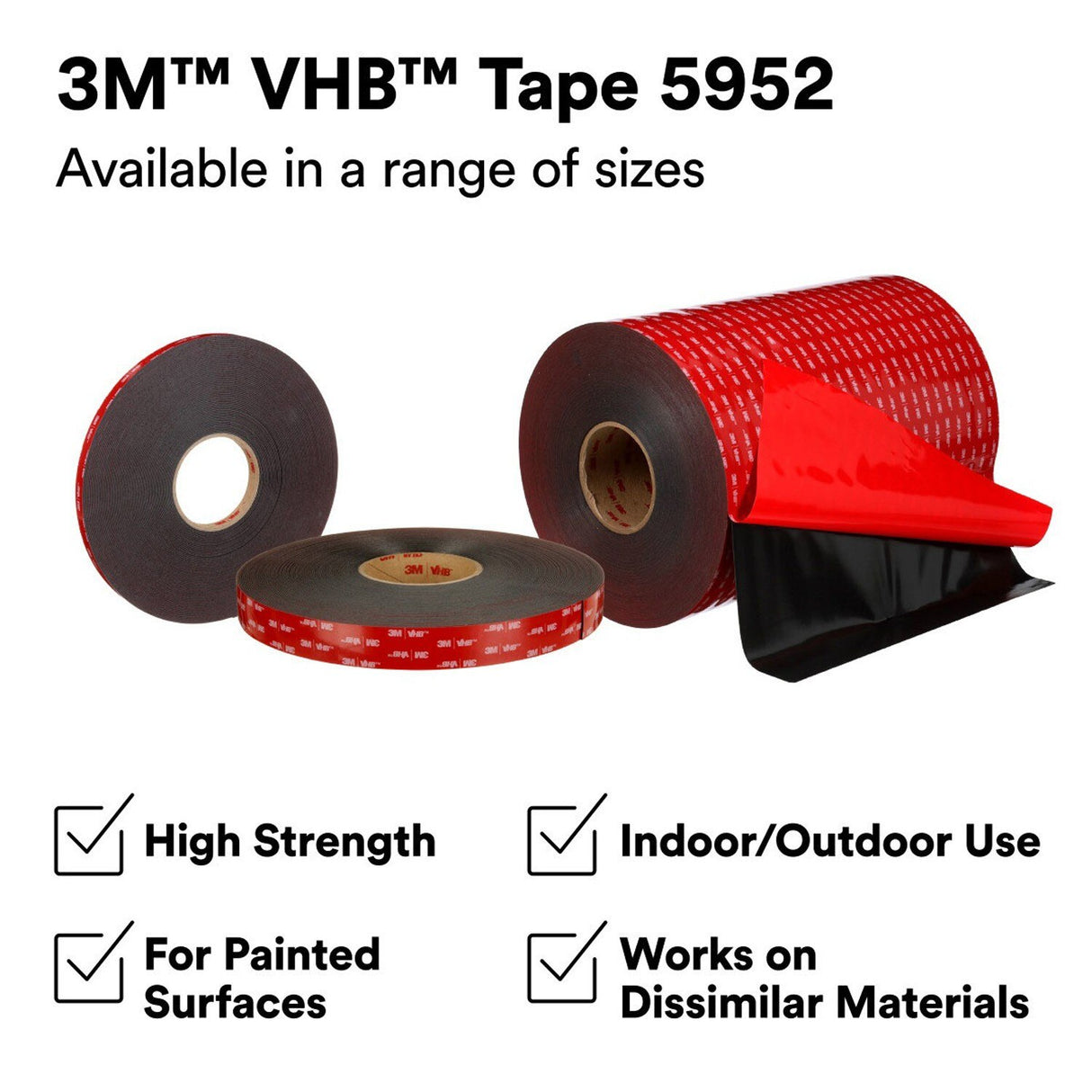 3M 5952 VHB Double-Sided Acrylic Foam Tape, Black, 1 in x 36 yd, 45 mil, Industrial Mounting (7000124123) (2 Pack) - 6