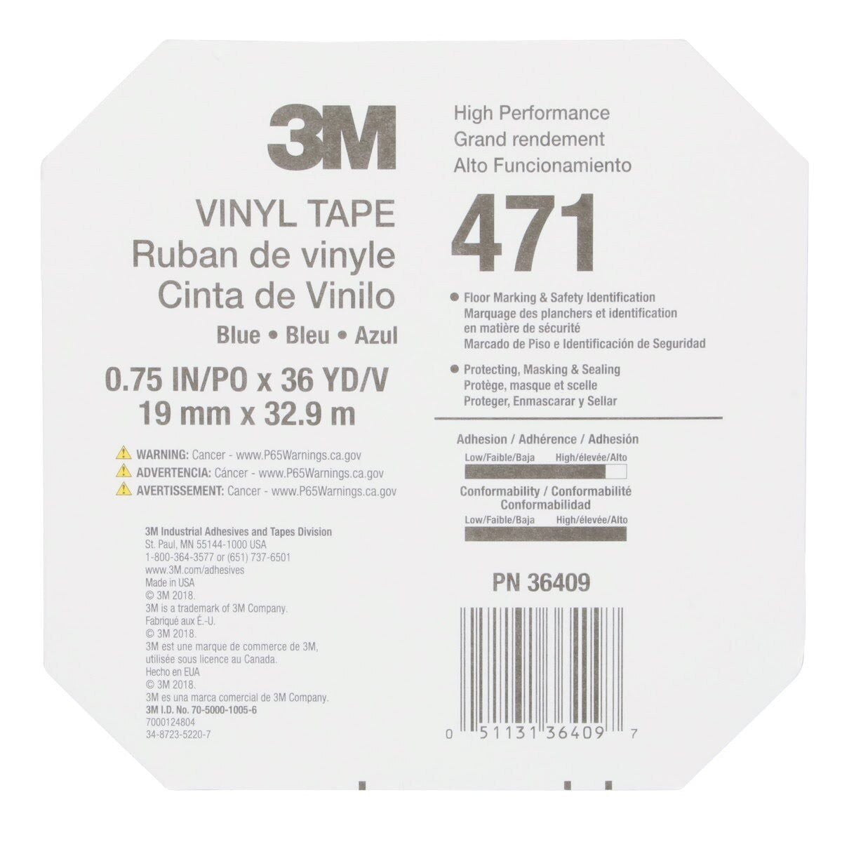 3M Vinyl Tape 471 Blue 5.2 mil 3/4 in x 36 yd 48 Rolls Case (471) (7000124804) (48 Pack) - 9