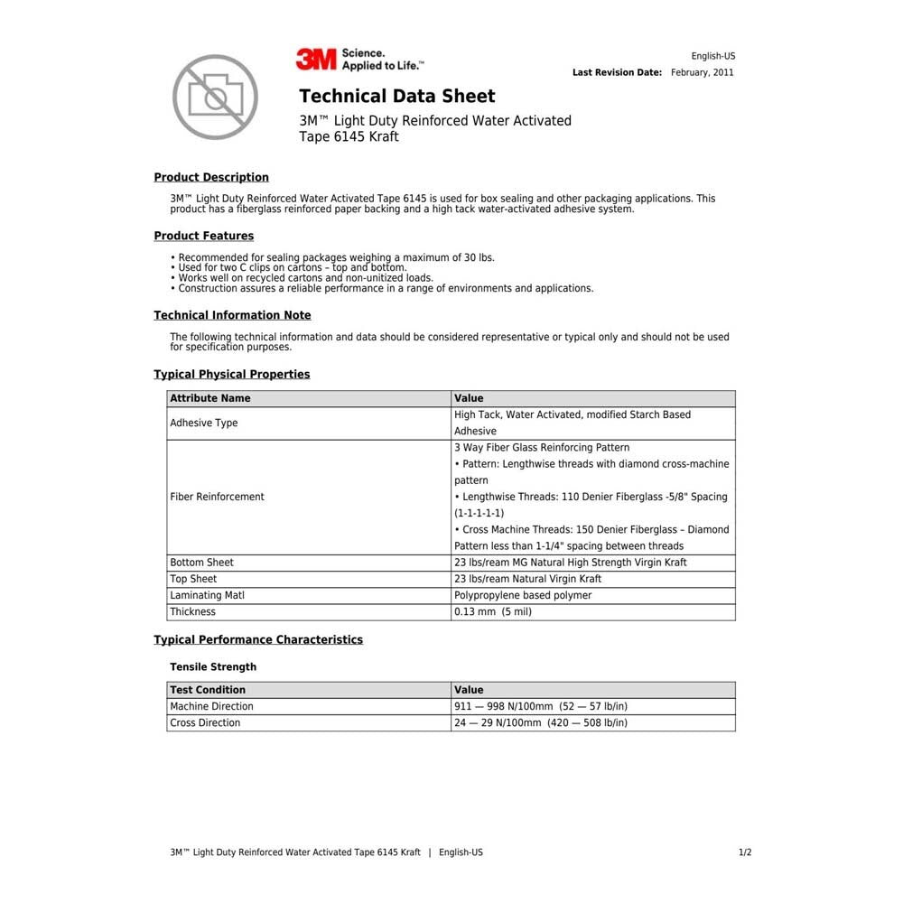 3M 7000124806 Water Activated Paper Tape 6145, Natural, Light Duty Reinforced, 72 mm x 450 ft (10 Pack) - 3
