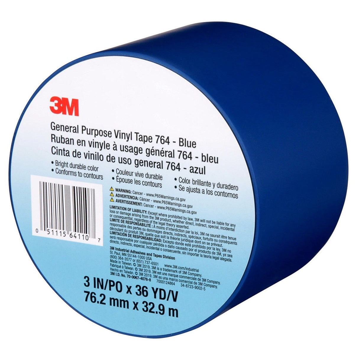 3M 764 Vinyl Tape General Purpose Blue 3 in x 36 yd Light Traffic Floor Marking Tape for Color Coding and Safety (7000124864) (12 Pack) - 8