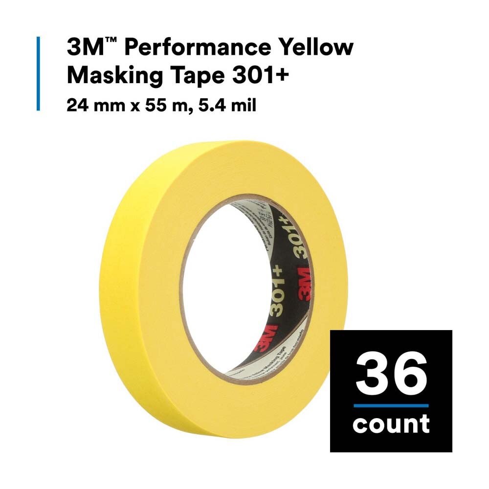 3M 7000124889 Performance Yellow Masking Tape 301+, 24 mm x 55 m, 6.3 mil (36 Pack) - 4