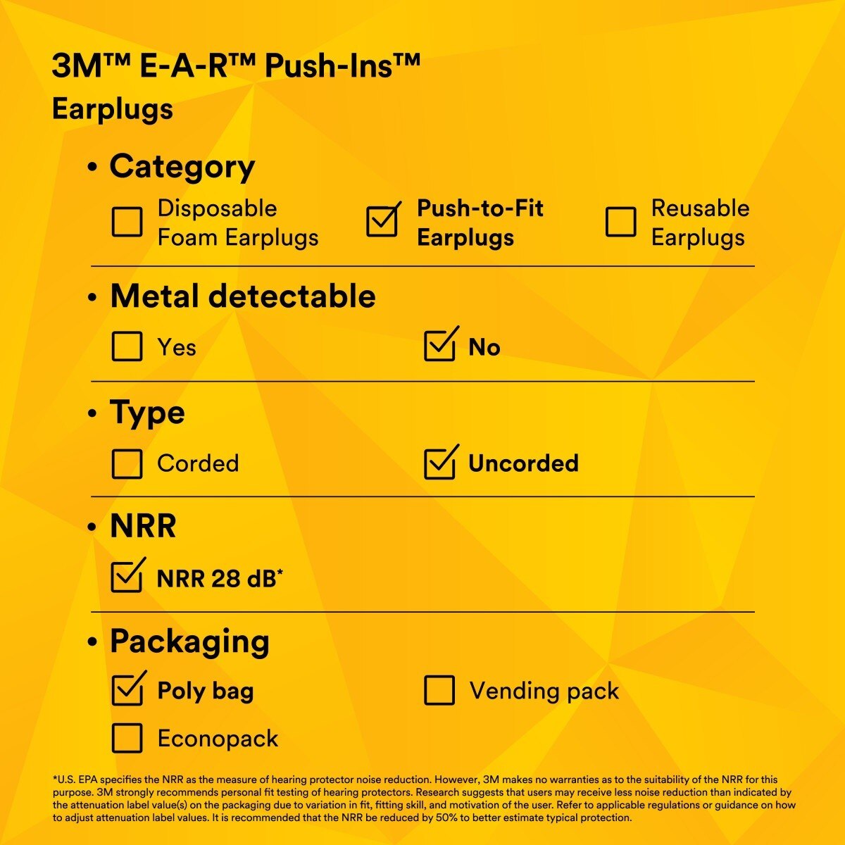 3M 318-1000 E-A-R Push-Ins Earplugs, Push-to-Fit Foam, Uncorded, NRR 28 dB, Blue Yellow, Poly Bag (7000127213) (400 Pack) - 10
