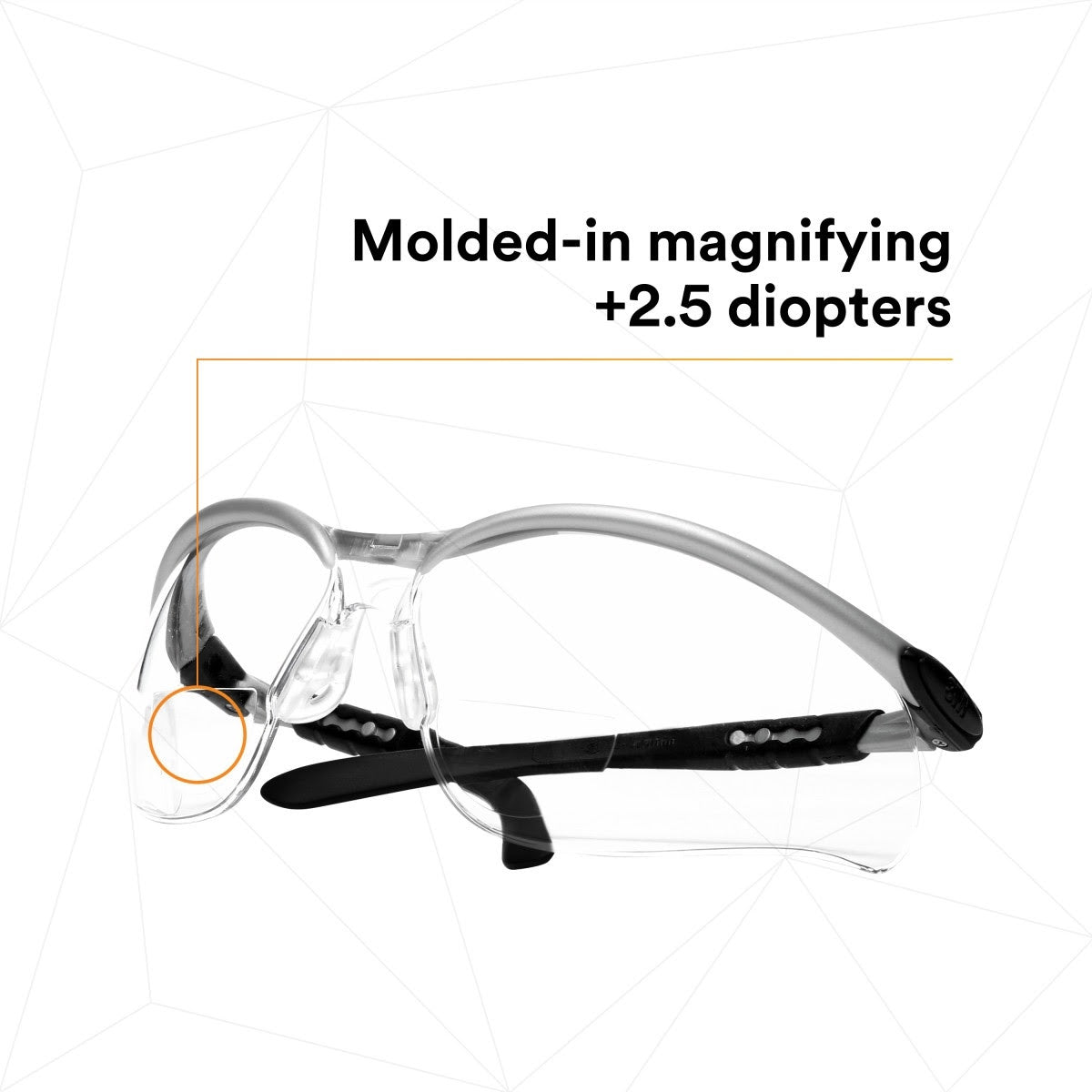 3M 11376-00000-20 Safety Glasses with Readers, BX, 2.5 Diopter, ANSI Z87, Anti-Fog Anti-Scratch Clear Lens, Silver Frame, Adjustable Temples and Lens Angle (7000127491) (1 Pair) (20 Pack) - 8