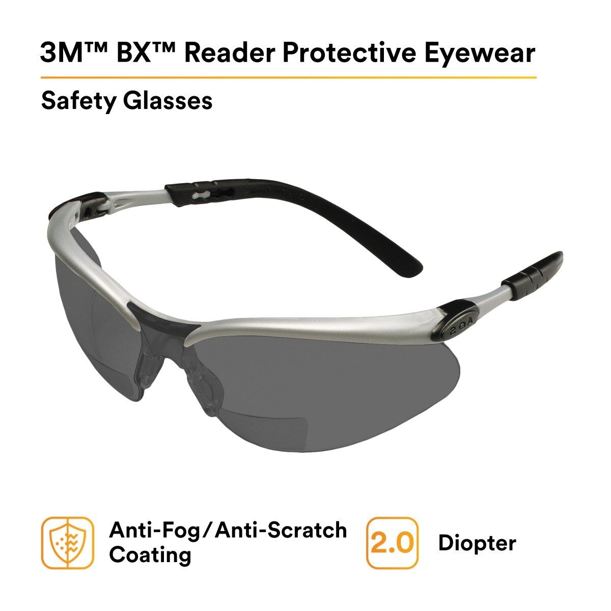 3M 11378-00000-20 Safety Glasses with Readers, +2.0 Diopter, ANSI Z87, Anti-Fog Anti-Scratch Gray Lens, Silver Frame, Adjustable Length Temples and Lens Angle (7000127493) (20 Pack) - 2