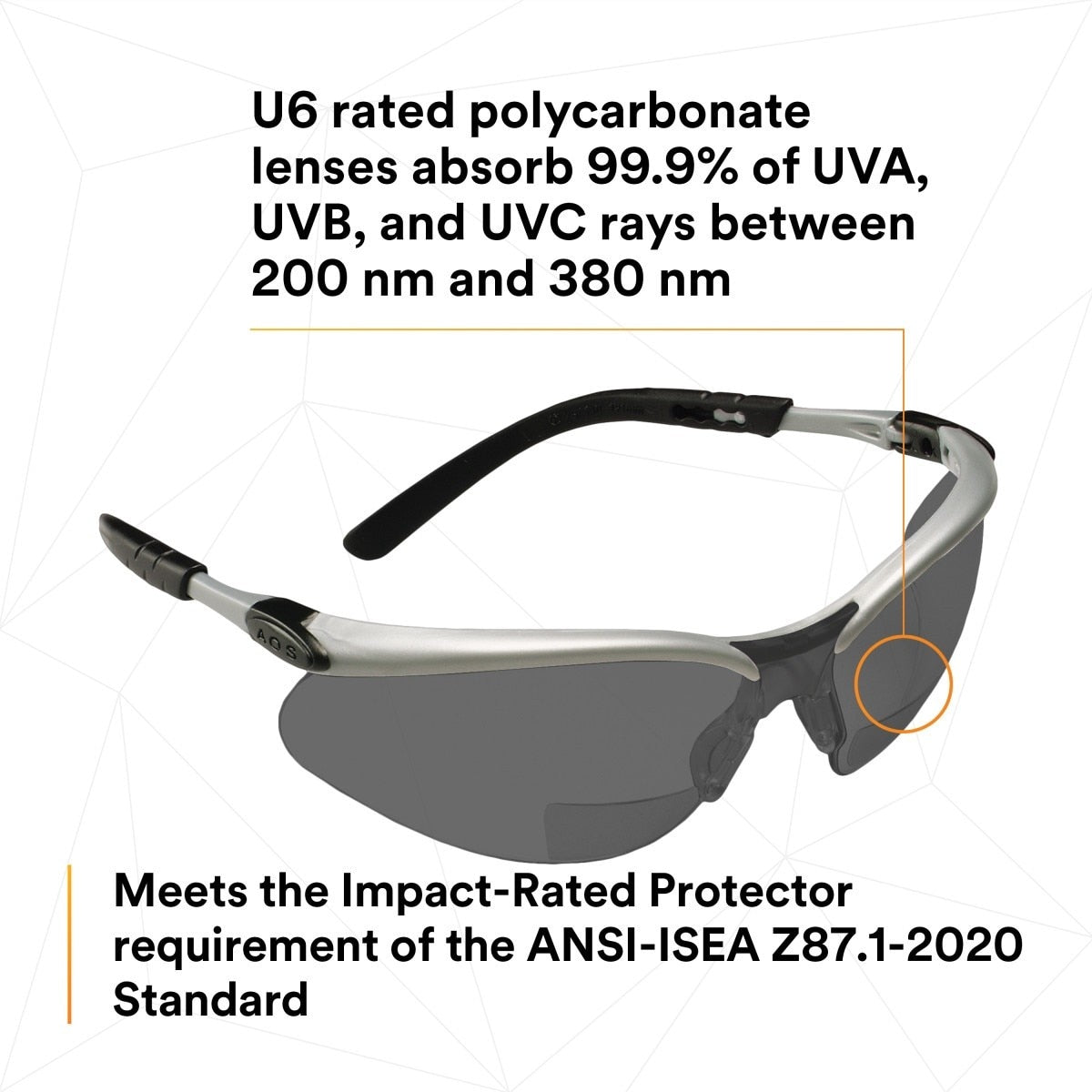 3M 11378-00000-20 Safety Glasses with Readers, +2.0 Diopter, ANSI Z87, Anti-Fog Anti-Scratch Gray Lens, Silver Frame, Adjustable Length Temples and Lens Angle (7000127493) (20 Pack) - 6