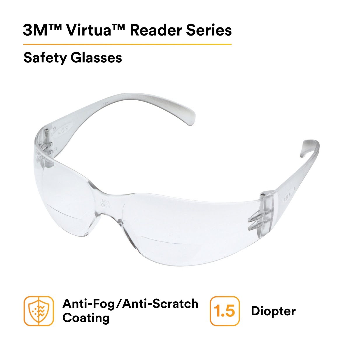 3M 11513-00000-20 Virtua Safety Glasses with Readers, +1.5 Diopter, Anti-Fog Clear Lens, Clear Frame (7000127511) (20 Pack) - 2